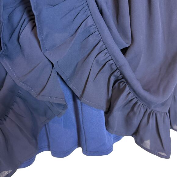 The Impeccable Pig Mini Dress Womens Medium Blue Ruffle Hem Keyhole Back Pleated - Picture 9 of 14